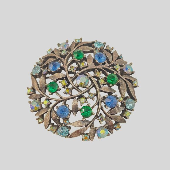 Rare Unsigned Florenza Round Aurora Borealis Blue Green Leaf Brooch Pin Vintage - Picture 2 of 6